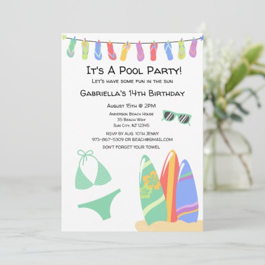 Girls Teen Pool Party Bikini Birthday Uitnodiging (Staand voorkant)
