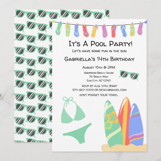 Girls Teen Pool Party Bikini Birthday Uitnodiging (Voorkant / Achterkant)