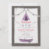 Girls Tipi Birthday Party Invitation roze + Paars Kaart (Voorkant)