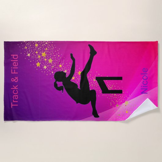 Girls Track & Field Pink & Paarse Gold Stars Strandlaken (Voorkant)