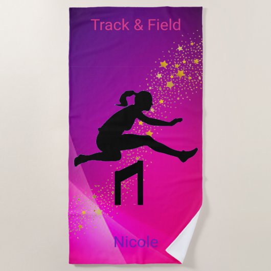 Girls Track & Field Pink & Paarse Gold Stars Strandlaken (Voorkant)