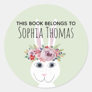 Girls Trendy Floral Rabbit Name Bookplate Ronde Sticker