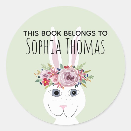Girls Trendy Floral Rabbit Name Bookplate Ronde Sticker (Voorkant)