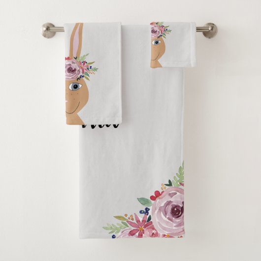 Girls Trendy Floral Waterverf Rabbit en Name Bad Handdoek (Insitu)
