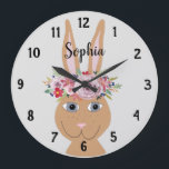 Girls Trendy Floral Waterverf Rabbit en Name Grote Klok<br><div class="desc">Dit prachtige,  trendy kind klokje is voorzien van een prachtig,  met de hand geschilderd konijnenkonijn met een bloesem. Dit ontwerp van de florale waterverf biedt ook een plek waar je je meisjesnaam kunt toevoegen. Ideaal voor elke kamer van een kind of kinderkamer!</div>