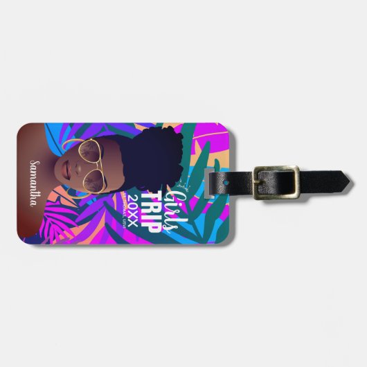 Girls Trip 20XX, Tropisch kleurrijk, zwarte vrouw Bagagelabel (Voorkant horizontaal)