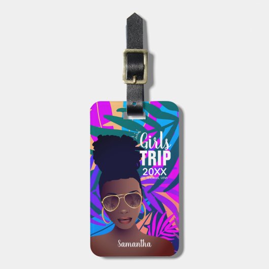 Girls Trip 20XX, Tropisch kleurrijk, zwarte vrouw Bagagelabel (Voorkant verticaal)