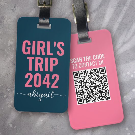 Girl's Trip Blauw Roze Kalligrafie QR Code Bagagelabel