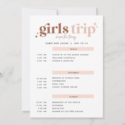 Girls Trip Goedkoper dan Therapy Itinerary Invitat Kaart (Voorkant)