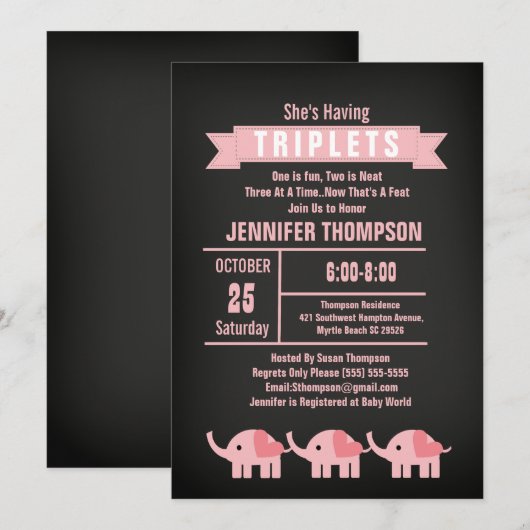 Girls Triplet Elephant Baby shower Chalkboard Kaart (Voorkant / Achterkant)