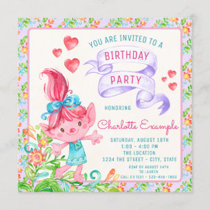 Girls Troll Birthday Party Invitations Kaart