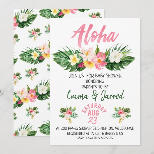 Girls Tropical Floral Baby shower Invitation Kaart (Voorkant / Achterkant)