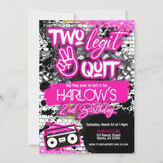 Girl's twee Legit Two Quit Hip Hop Invitation Kaart (Voorkant)