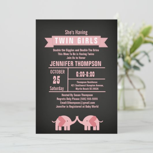 Girls Twin Elephant Baby shower Chalkboard Kaart (Staand voorkant)