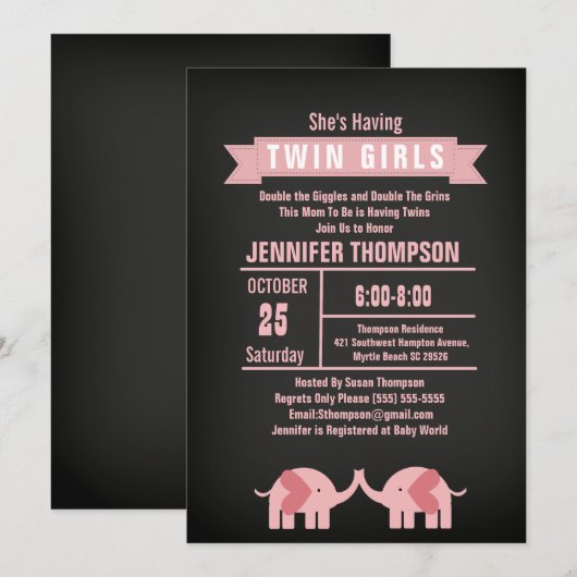 Girls Twin Elephant Baby shower Chalkboard Kaart (Voorkant / Achterkant)