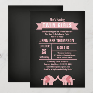 Girls Twin Elephant Baby shower Chalkboard Kaart