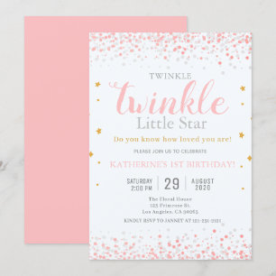 Girls Twinkle Little Star Pink & Gold 1st Birthday Kaart