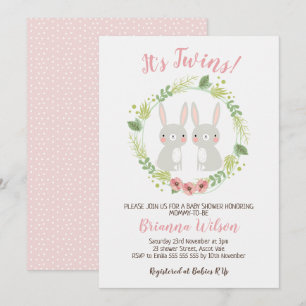 Girls Twins Bunny Baby shower Invitation Kaart