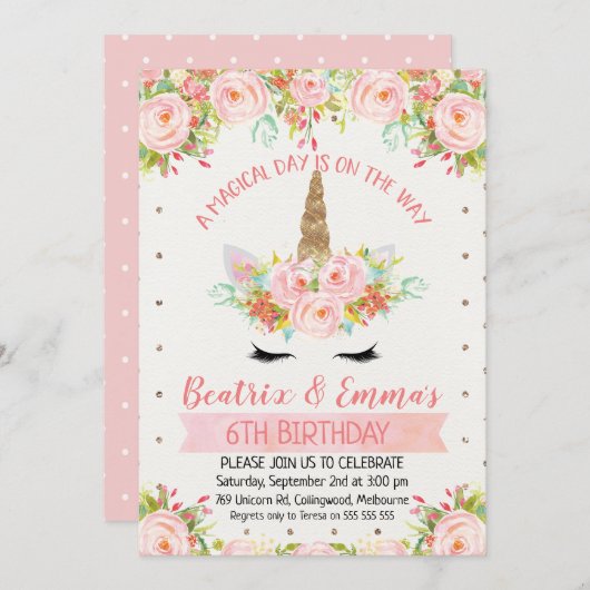 Girls Twins of Joint Unicorn Birthday Invitation Kaart (Voorkant / Achterkant)