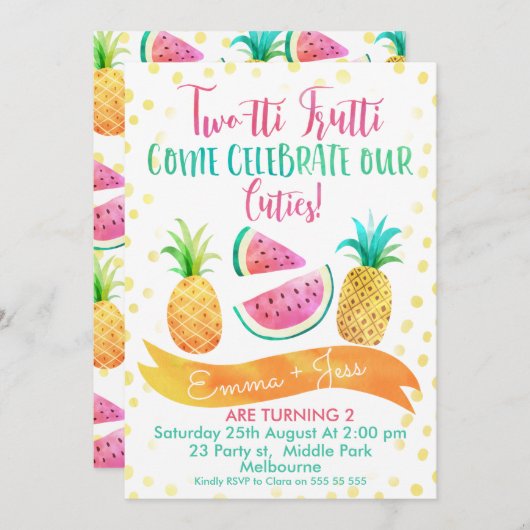 Girls Twins Two-tti Frutti Uitnodiging 2e Verjaard (Voorkant / Achterkant)