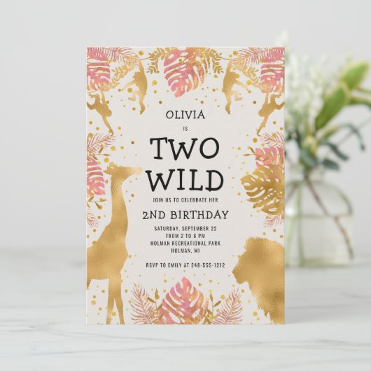 Girls Two Wild 2e verjaardag Roze Ecru Safari Kaart (Staand voorkant)