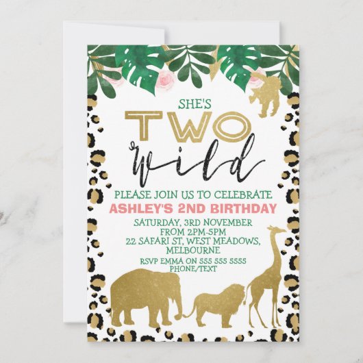 Girls Two Wild Second Birthday Invitation Kaart (Voorkant)