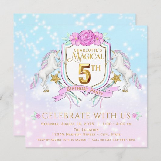 Girls Unicorn 5e verjaardag uitnodigingen (Voorkant / Achterkant)