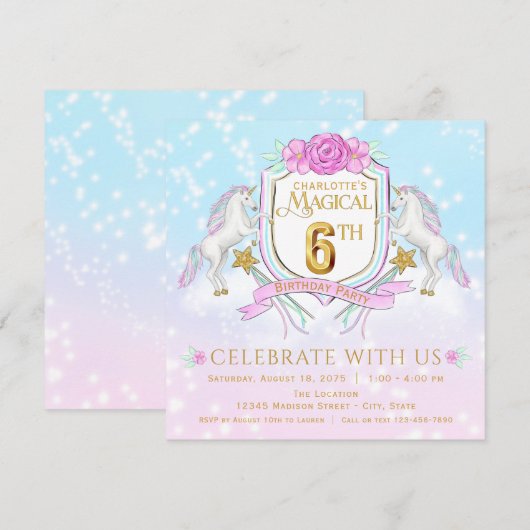 Girls Unicorn 6e verjaardag uitnodigingen (Voorkant / Achterkant)