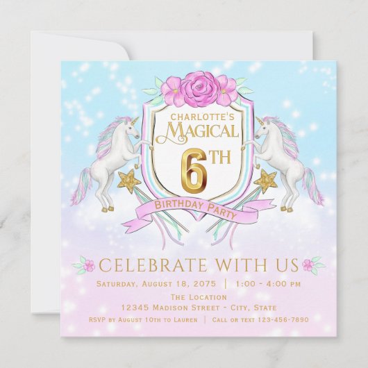 Girls Unicorn 6e verjaardag uitnodigingen (Voorkant)