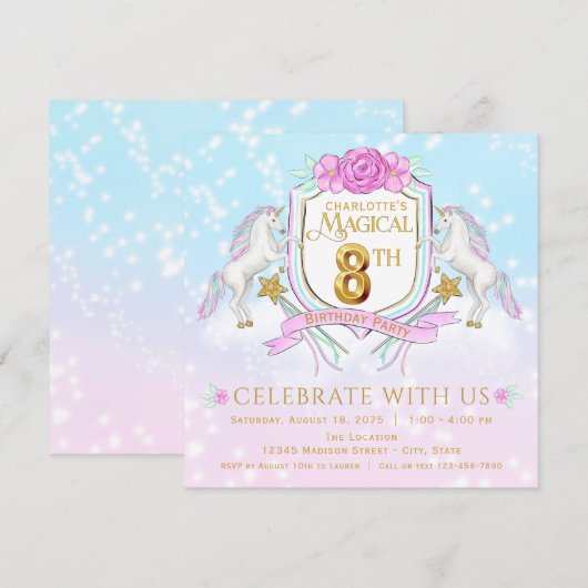 Girls Unicorn 8e verjaardag uitnodigingen (Voorkant / Achterkant)