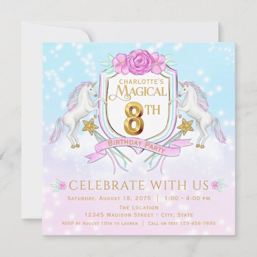Girls Unicorn 8e verjaardag uitnodigingen (Voorkant)