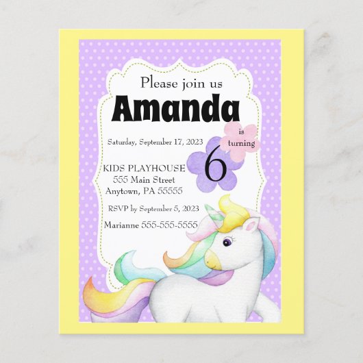 Girls Unicorn Birthday Invitation (Voorkant)
