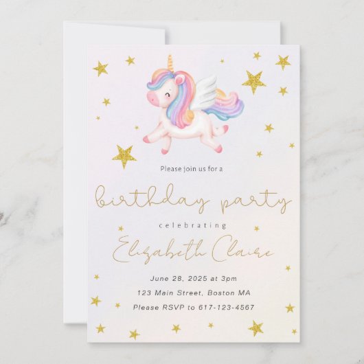 Girls Unicorn Birthday Invitation Kaart (Voorkant)