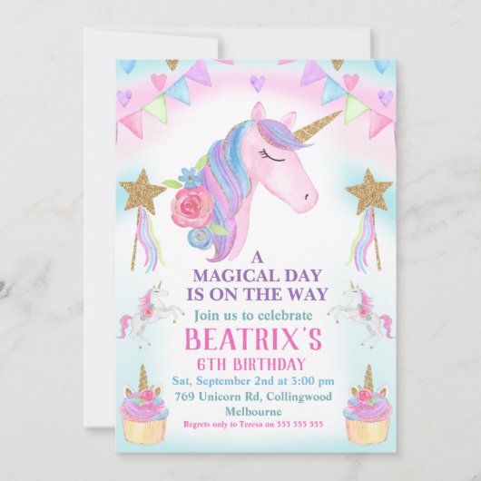 Girls Unicorn Cake Stars Birthday Uitnodiging (Voorkant)