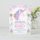 Girls Unicorn Cake Stars Birthday Uitnodiging (Staand voorkant)