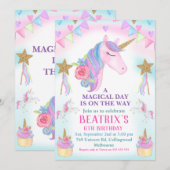 Girls Unicorn Cake Stars Birthday Uitnodiging (Voorkant / Achterkant)
