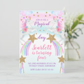 Girls Unicorn en sterren verjaardagsuitnodiging Kaart (Staand voorkant)