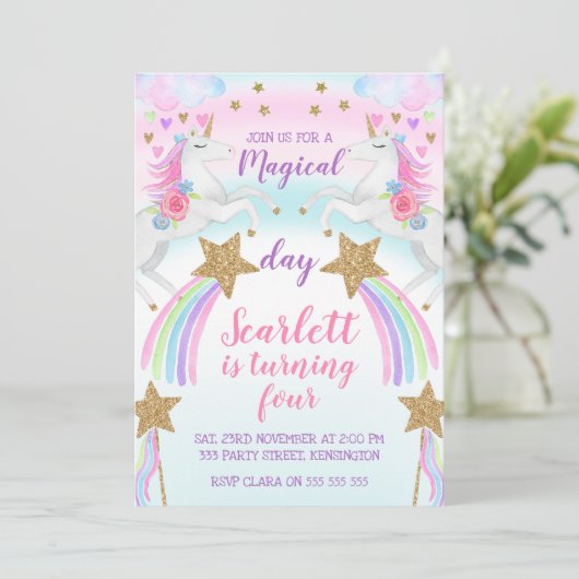 Girls Unicorn en sterren verjaardagsuitnodiging Kaart (Staand voorkant)