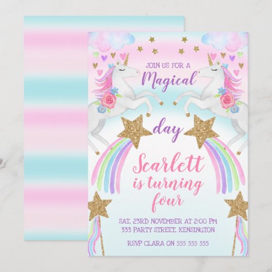 Girls Unicorn en sterren verjaardagsuitnodiging Kaart (Voorkant / Achterkant)