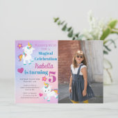 Girls Unicorn Photo Birthday Invitation Kaart (Staand voorkant)