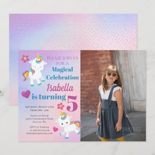 Girls Unicorn Photo Birthday Invitation Kaart (Voorkant / Achterkant)