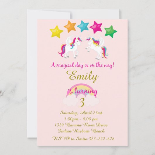 Girl's Unicorn Verjaardag Uitnodiging, Roze & Goud Kaart (Voorkant)