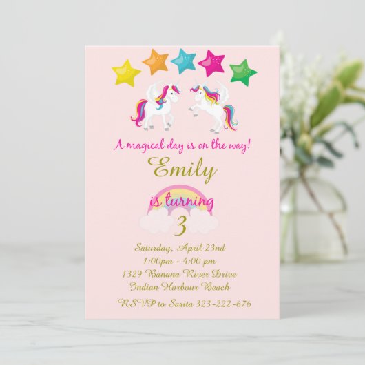 Girl's Unicorn Verjaardag Uitnodiging, Roze & Goud Kaart (Staand voorkant)