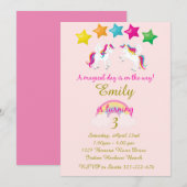 Girl's Unicorn Verjaardag Uitnodiging, Roze & Goud Kaart (Voorkant / Achterkant)