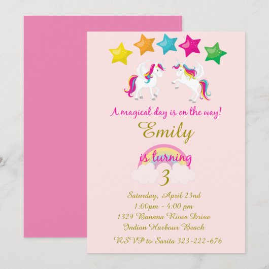 Girl's Unicorn Verjaardag Uitnodiging, Roze & Goud Kaart (Voorkant / Achterkant)