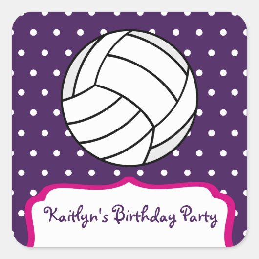 Girl's Volleybal Verjaardagsfeest - Paarse W Roze Vierkante Sticker (Voorkant)