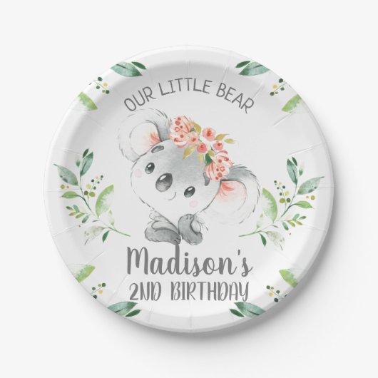 Girls Waterverf Koala Beer Birthday Papieren Bordje (Voorkant)
