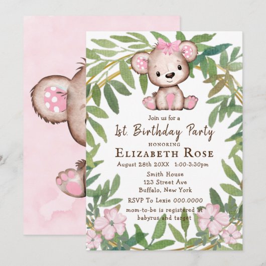 Girl's Waterverf Teddy Bear 1St. Birthday Party (Voorkant / Achterkant)