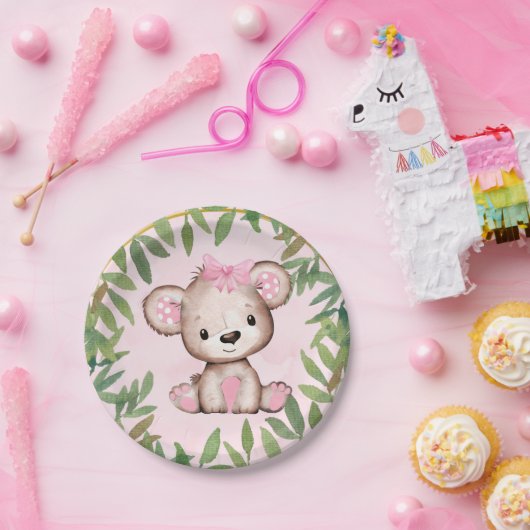 Girl's Waterverf Teddy Bear Baby shower Papieren Bordje (Feest)
