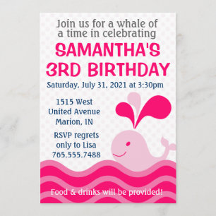 Girl's Whale Pink Birthday Party Invitation Kaart